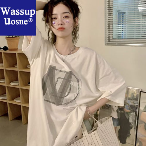 Wassup Uosne冰丝短袖美式复古N字印花短袖潮牌夏季宽松ins潮流白