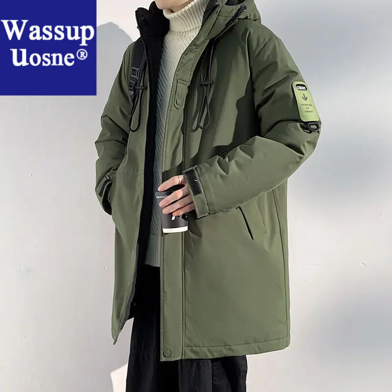 Wassup Uosne军绿色中长款棉衣男冬季大衣加厚御寒大码宽松型连男