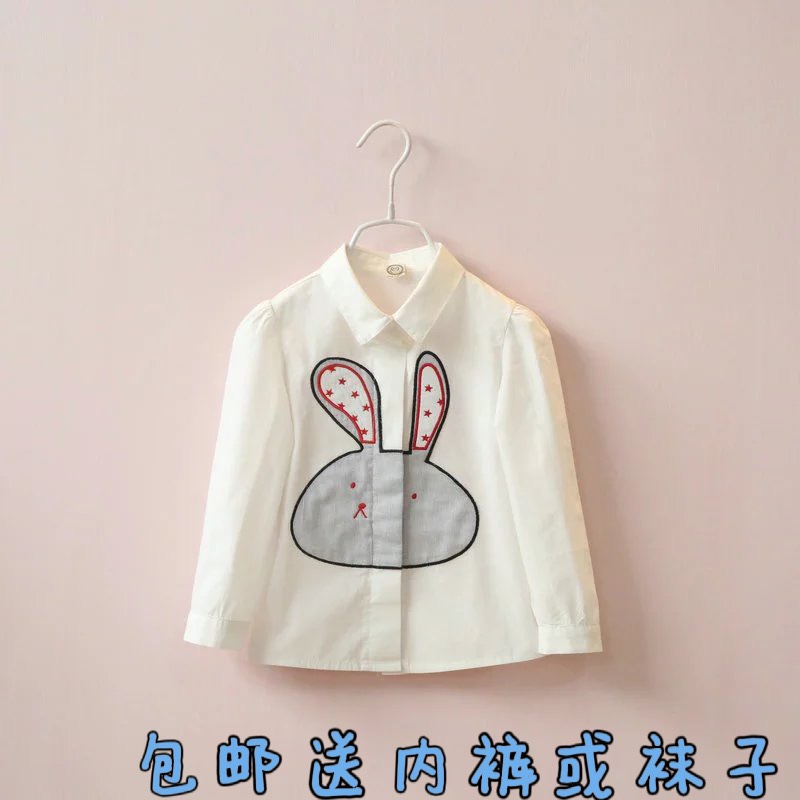 百搭春夏新款童装女童卡通兔子印花衬衫儿童白色纯棉长袖衬衣