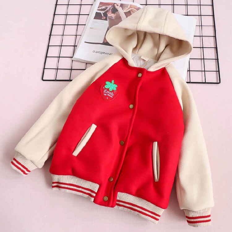 秋冬新款 女童夹棉草莓贴布棒球服儿童宝宝连帽休闲外套特价清仓