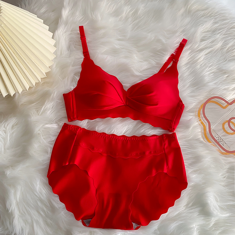 Real shooting real price red bra suit without steel ring comfortable life underwear women gather without mark