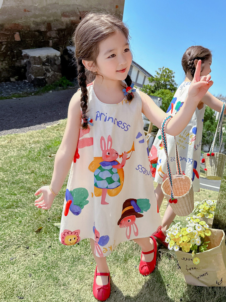 女小童卡通兔子印花棉布连衣裙夏连衣裙