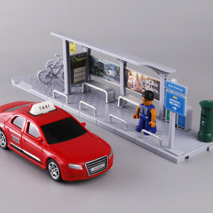 出租车站台儿童声光玩具车惯性小汽车街道场景站台模型公交车站
