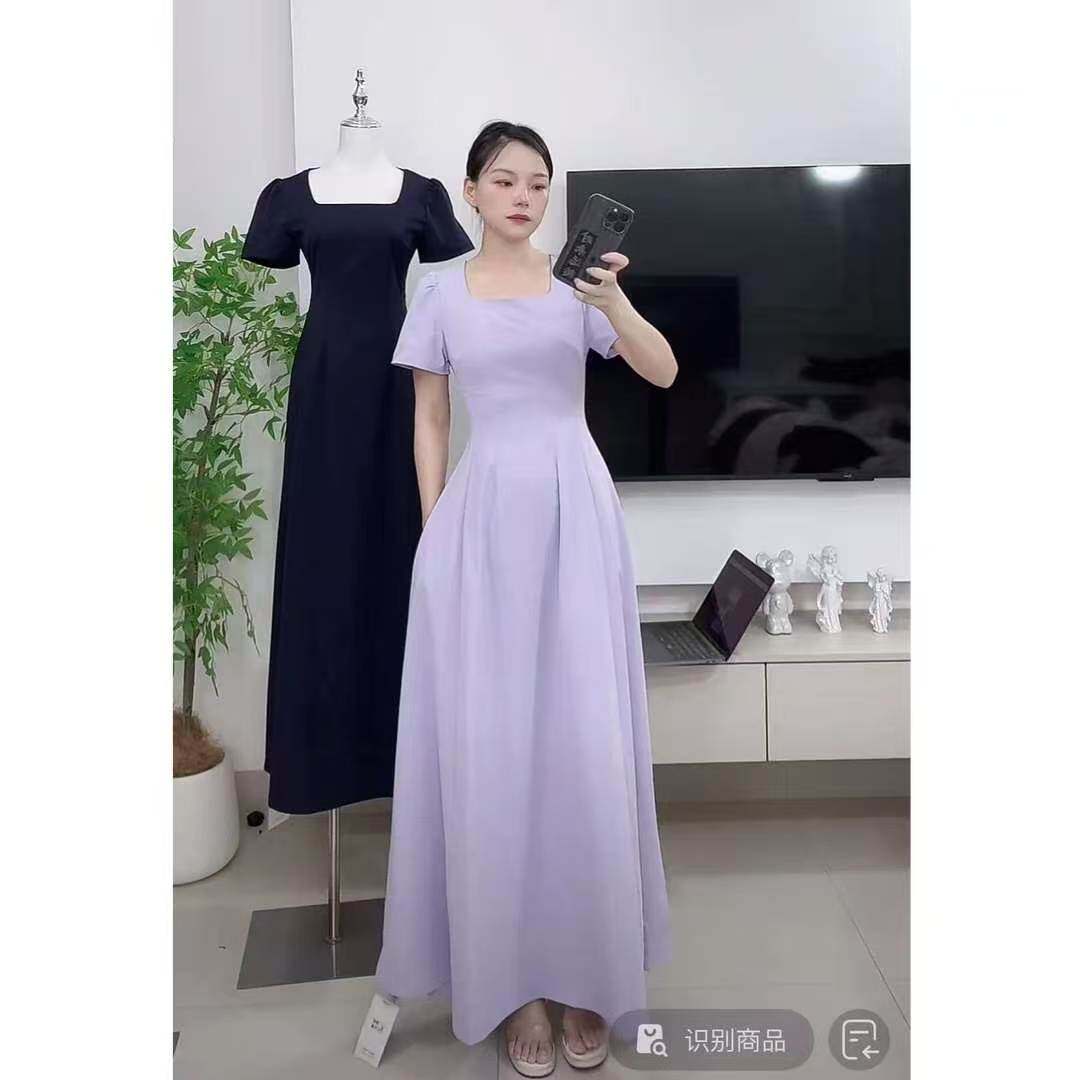 新法式方领赫本风收腰连衣裙女款时尚气质收腰裙子大摆裙高腰长裙