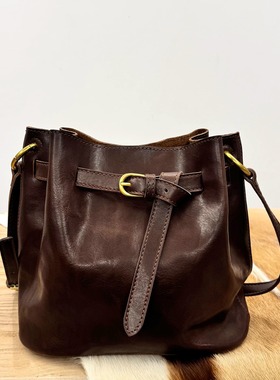 轻便款～新款真皮女包百搭水桶包复古植鞣头层牛皮斜挎单肩包女
