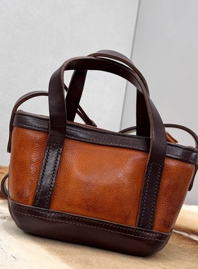 5mm巨厚！植鞣牛皮托特包迷你真皮女包通勤小包单肩包撞色手提包