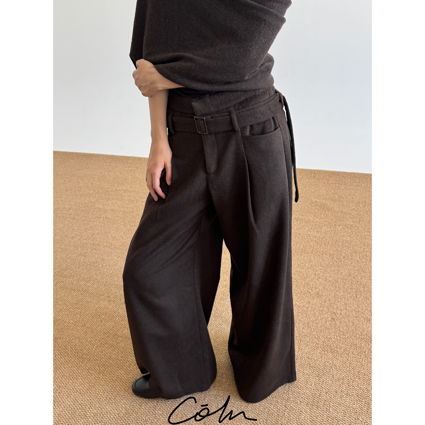 秋新羊毛混纺腰带阔腿休闲西裤