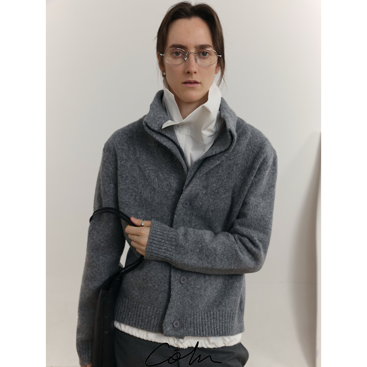 秋冬极简风双层立领纽扣开衫毛衣