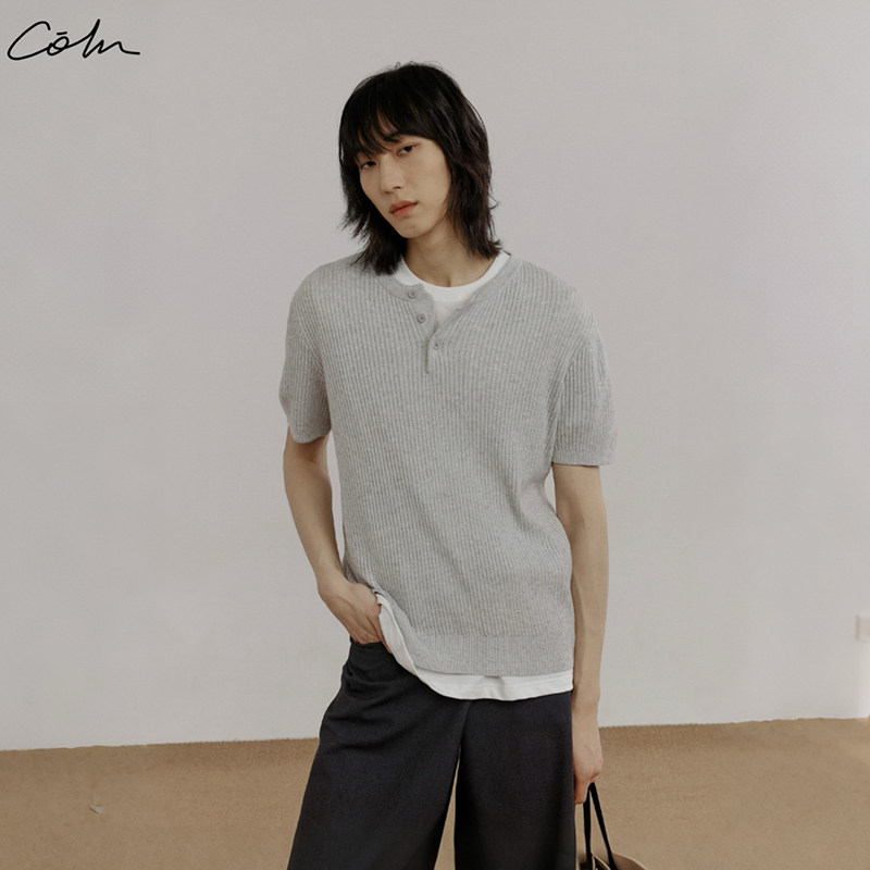 COLN浅灰全棉针织亨利领短袖T恤