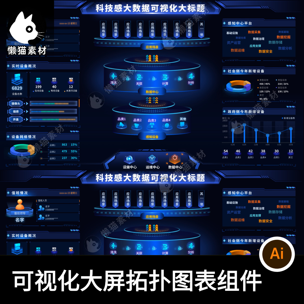 可视化大屏数据科技UI设计图标弹窗组件素材合辑AI分层源文件模板
