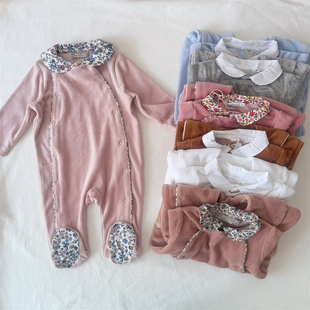 1-24M法单boutchou新生婴儿天鹅绒包脚长爬男女宝宝INS翻领连体衣