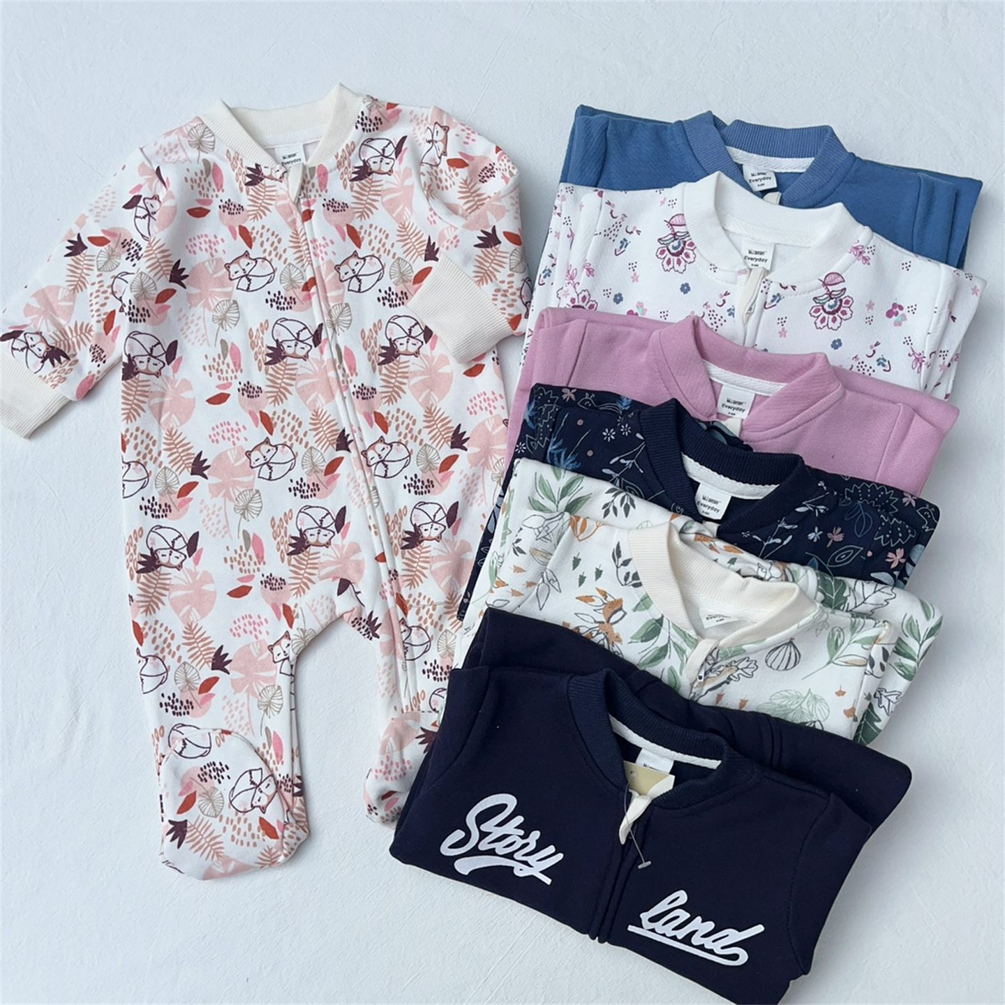 3-18M外贸婴儿秋冬外出拉绒包脚长爬服男女宝宝可爱拉链连体衣