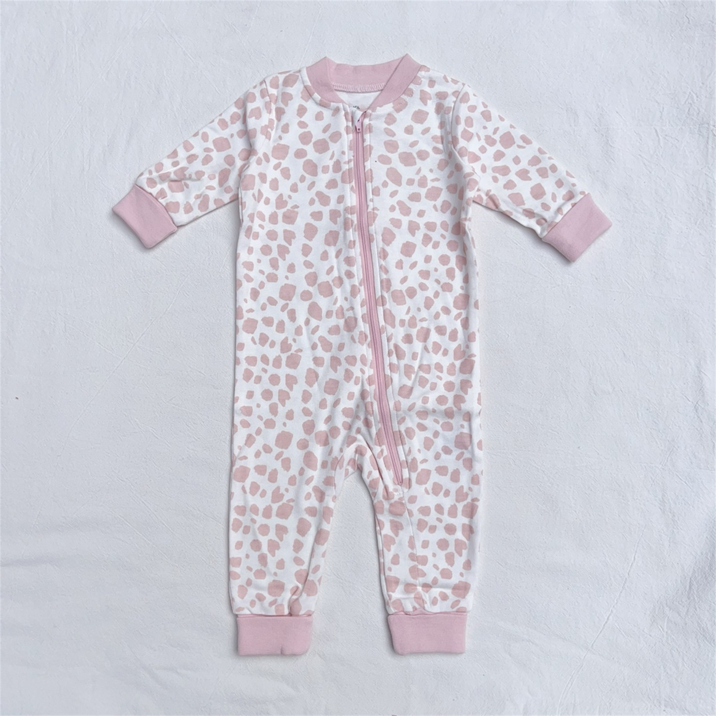62-68/瑞典婴儿春秋长袖拉链连体衣女宝宝INS豹纹满月百日长爬服