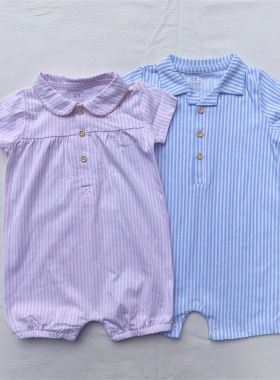 3-24M澳洲婴儿满月百日短袖平角爬男女宝宝娃娃领Polo领条纹短爬