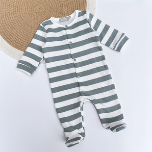3-24M法单boutchou新生婴儿春秋拉绒连体衣男女宝宝条纹包脚长爬