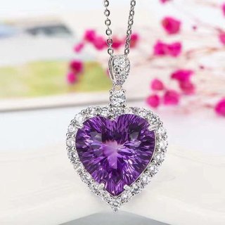 纯天然爱心紫水晶吊坠女士925纯银镶嵌心形紫色宝石项链奢华气质