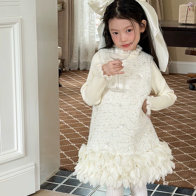 女童节日宴会礼服亮晶晶珠片连衣裙时髦小香风公主花朵羽毛背心裙
