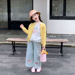 2026秋季女童新款女童黄色开衫针织衫毛衣外套女孩可爱上衣牛仔裤
