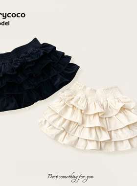 Cherrycoco品牌冬季女童气质百搭丝绒半身裙多层荷叶边加绒蛋糕裙