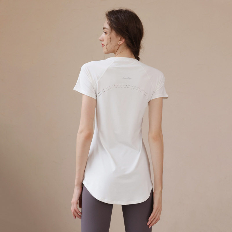 定制白色瑜伽T恤健身服女长款遮臀显瘦跑步上衣运动速干印字logo图片