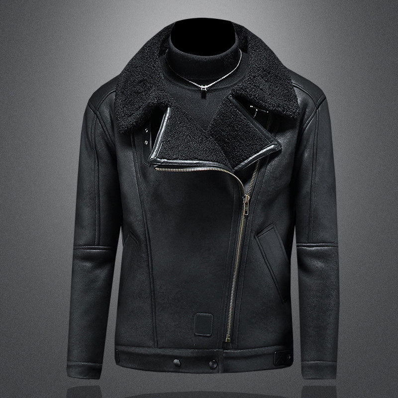 皮毛一体男士大码机车风翻领加厚保暖外套黑色拉链麂皮绒冬装宽松