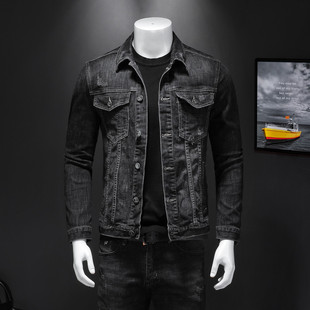 潮流夹克大码 牛仔外套黑色暗花刺绣修身 牛仔服 欧洲站男士 2024秋季