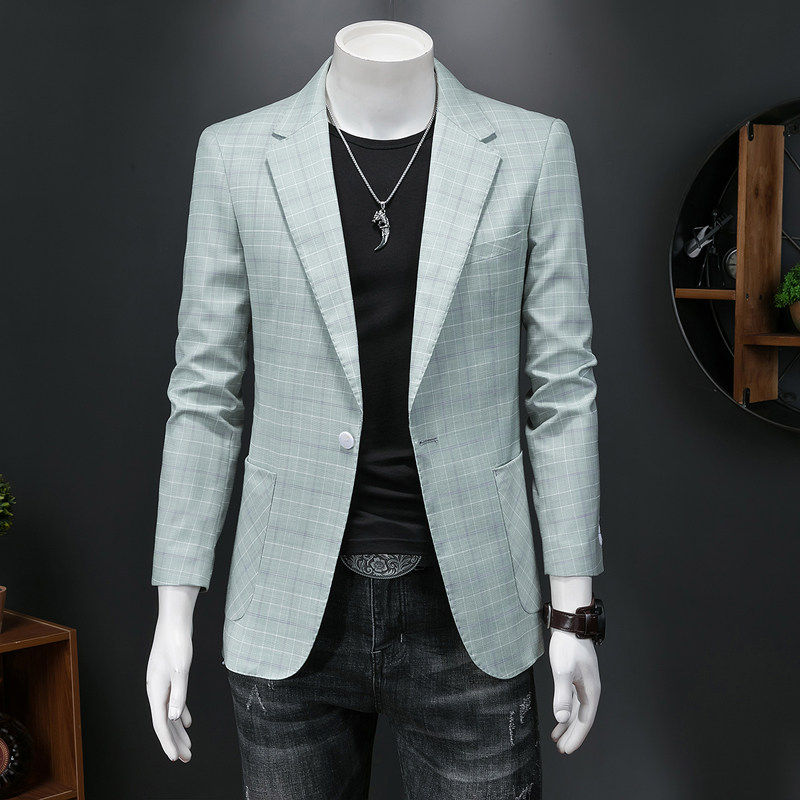 艺术小青年休闲风格子西装外套男士春季轻奢单西服绿色2026时尚潮