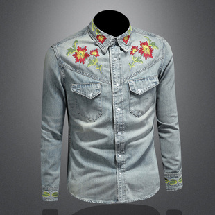 2025新款秋季高端刺绣花朵跨境外贸男装男士休闲长袖牛仔衬衫艺术