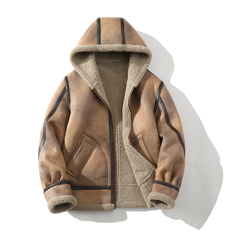 男士连帽皮毛一体羊羔毛夹克加绒加厚机车风外套宽松麂皮绒冬装