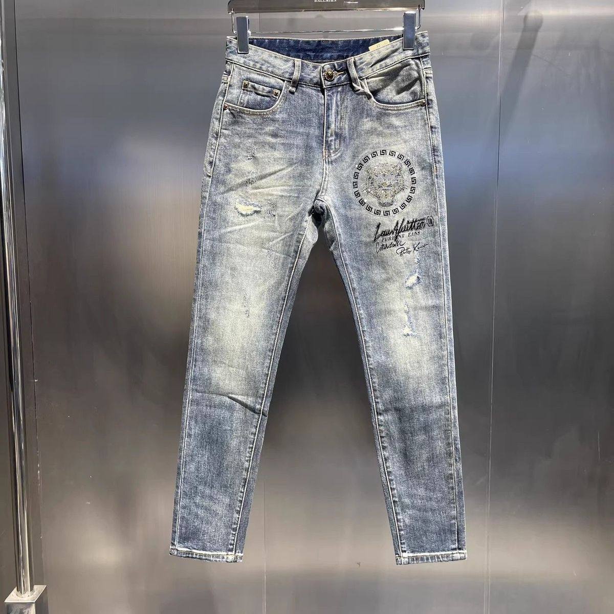 高端老虎头烫钻破洞贴布牛仔裤男修身小脚裤潮牌刺绣长裤轻奢痞帅,男装,牛仔裤,淘宝优惠券,粉丝福利购,淘宝优惠卷