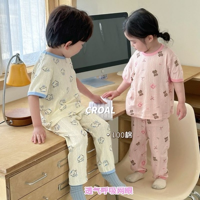 夏款短袖儿童纯棉睡衣家居服男女童短袖长裤透气网眼宝宝空调服