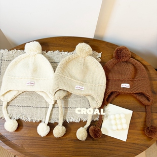 CROAL秋冬男女童帽可爱球球针织帽INS儿童毛线帽婴儿保暖护耳帽子