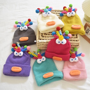 CROAL 可爱搞怪触角儿童毛线帽子男女童针织帽过生日帽亲子保暖帽