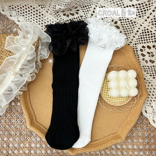 设计师款儿童小腿袜子布标重工蕾丝女童中筒袜双针花边公主堆堆袜