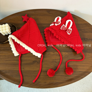 星星儿童针织帽子女孩秋冬季护耳女童新年圣诞红色宝宝保暖套头帽