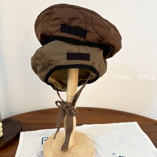 秋冬新韩国ins儿童凹造型系带字母贴布菱格夹棉海军渔夫贝雷帽子