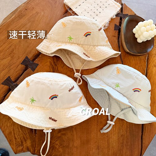 彩虹刺绣儿童防晒帽宝宝渔夫帽户外露营夏季大檐男女童遮阳帽婴儿