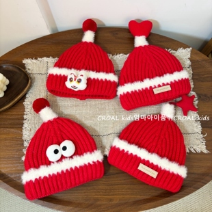 儿童帽子冬季女童红色加绒星星毛线帽新年圣诞男孩宝宝针织套头帽
