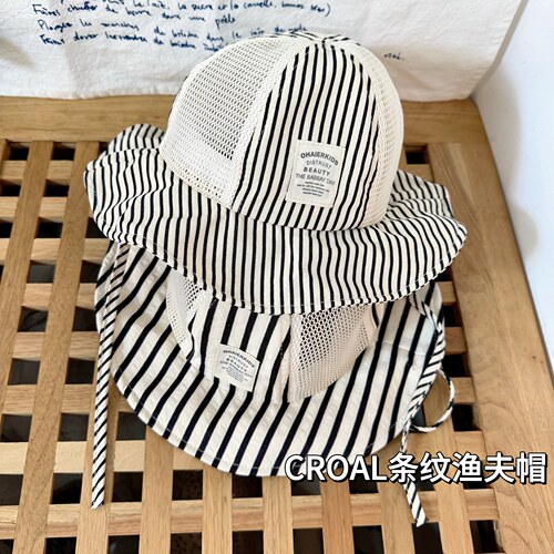 条纹婴儿防晒帽子夏季网眼大檐遮阳帽女宝宝透气男童太阳帽渔夫帽