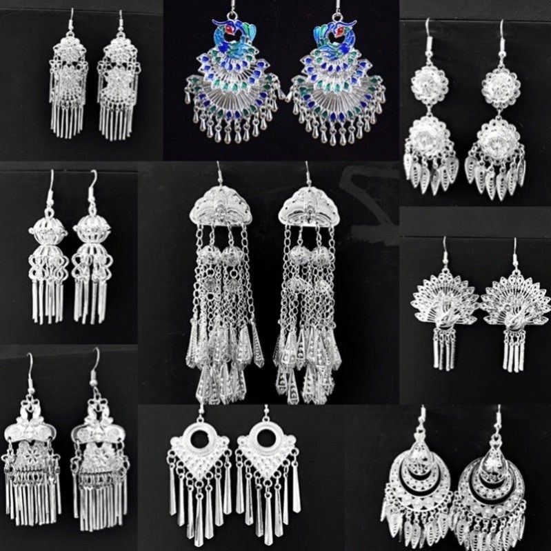 贵州苗寨银饰彝族侗族耳环少数民族佩戴中式装饰品大气演出民族风