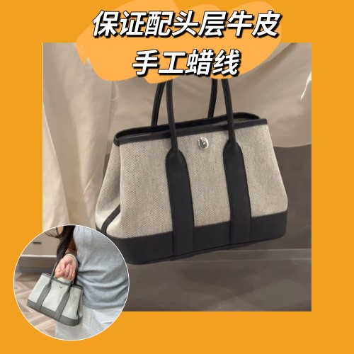 中古包包帆布拼头层牛皮手工蜡线花园包真皮小托特包手挽小购物袋