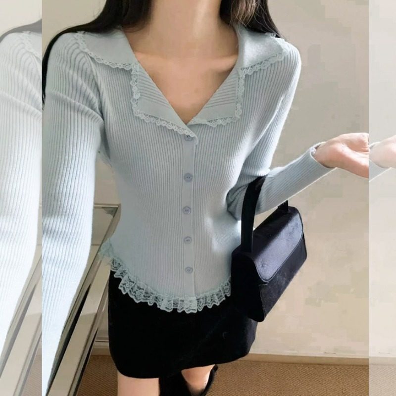 蕾丝花边v领长袖纽扣针织打底衫