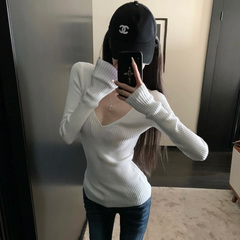 美式性感修身V领内搭长袖针织衫