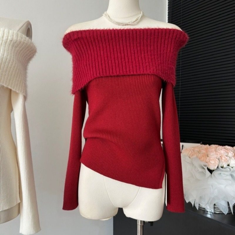 一字领针织衫露肩修身锁骨上衣