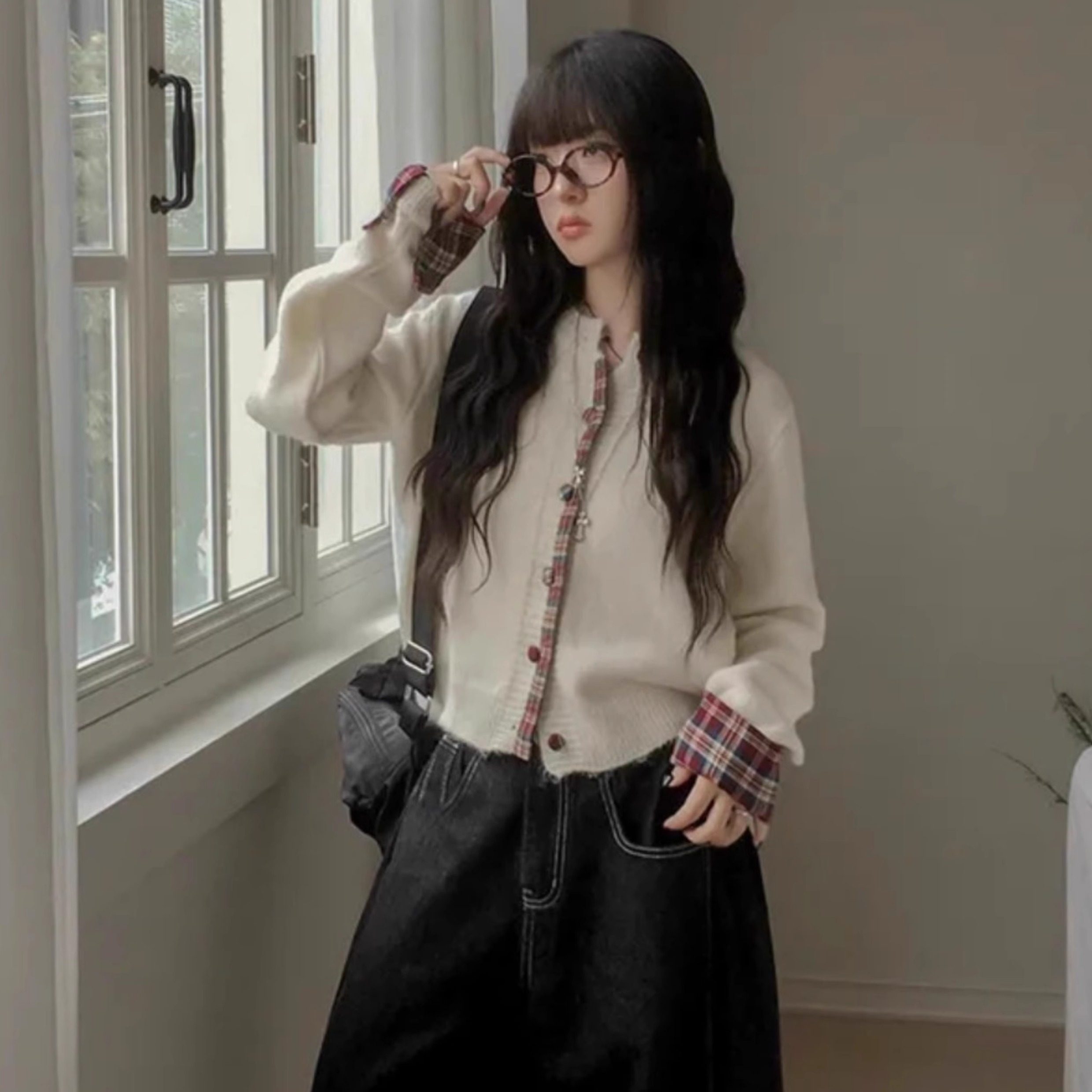 复古日系格纹拼色纽扣百搭针织衫