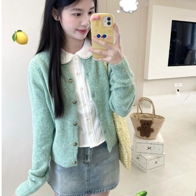 学院风韩系小香风绿色针织毛衣