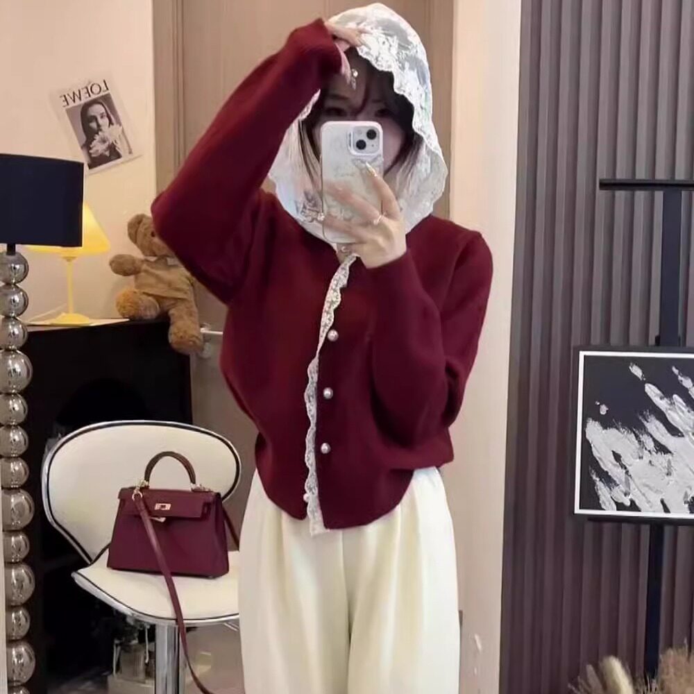 计感拼接蕾丝连帽针织开衫毛衣