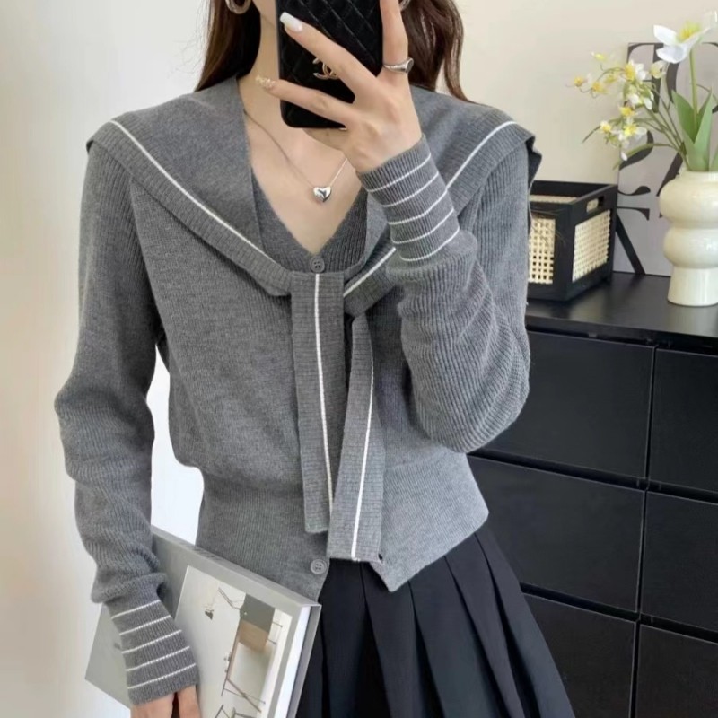 海军领披肩小香风长袖短款针织衫