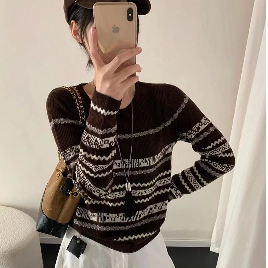 百搭时尚复古提花条纹针织衫毛衣