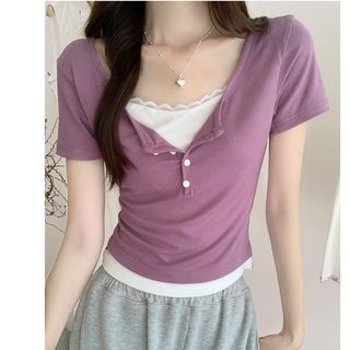 淡浅紫色小上衣女高级感独特别致设计假两件蕾丝边短袖T恤显瘦夏